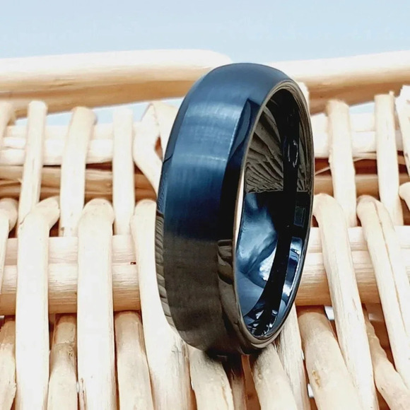 "High Polished Beveled Brushed Center Black Tungsten Ring, GALTUN876 - Picture 1 of 5